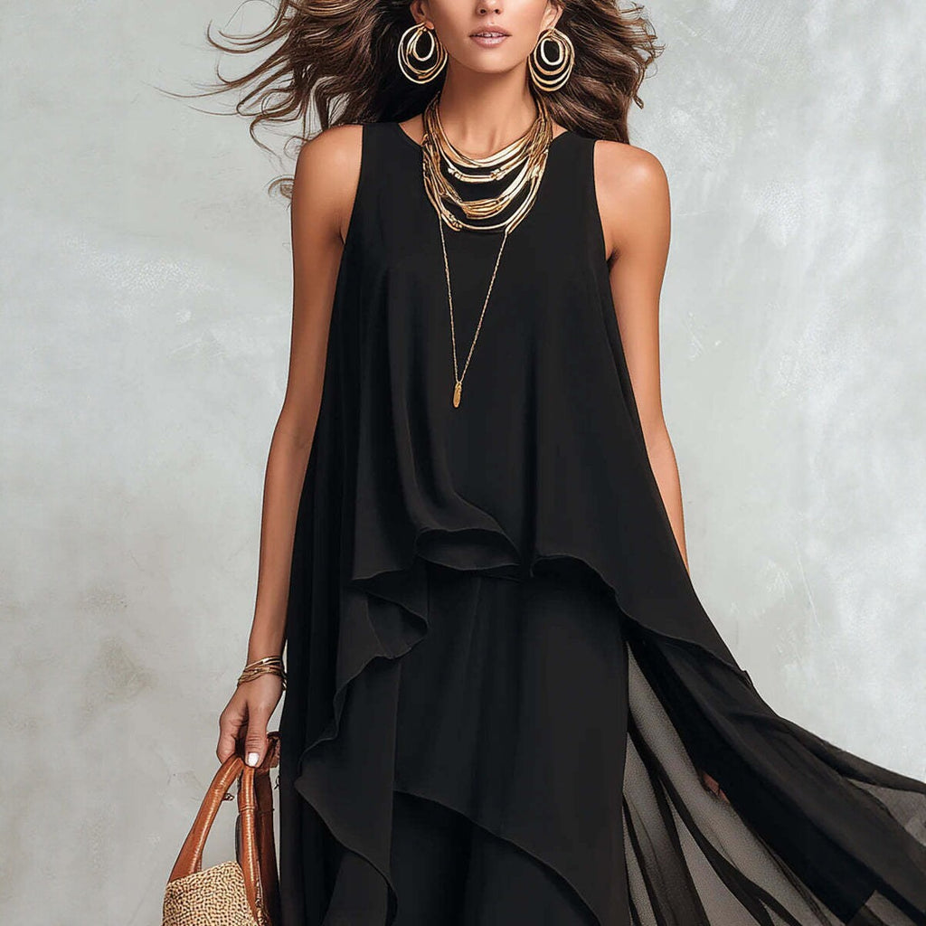 Schickes, fließendes, ärmelloses langes Chiffonkleid in Schwarz mit asymmetrischem Schnitt