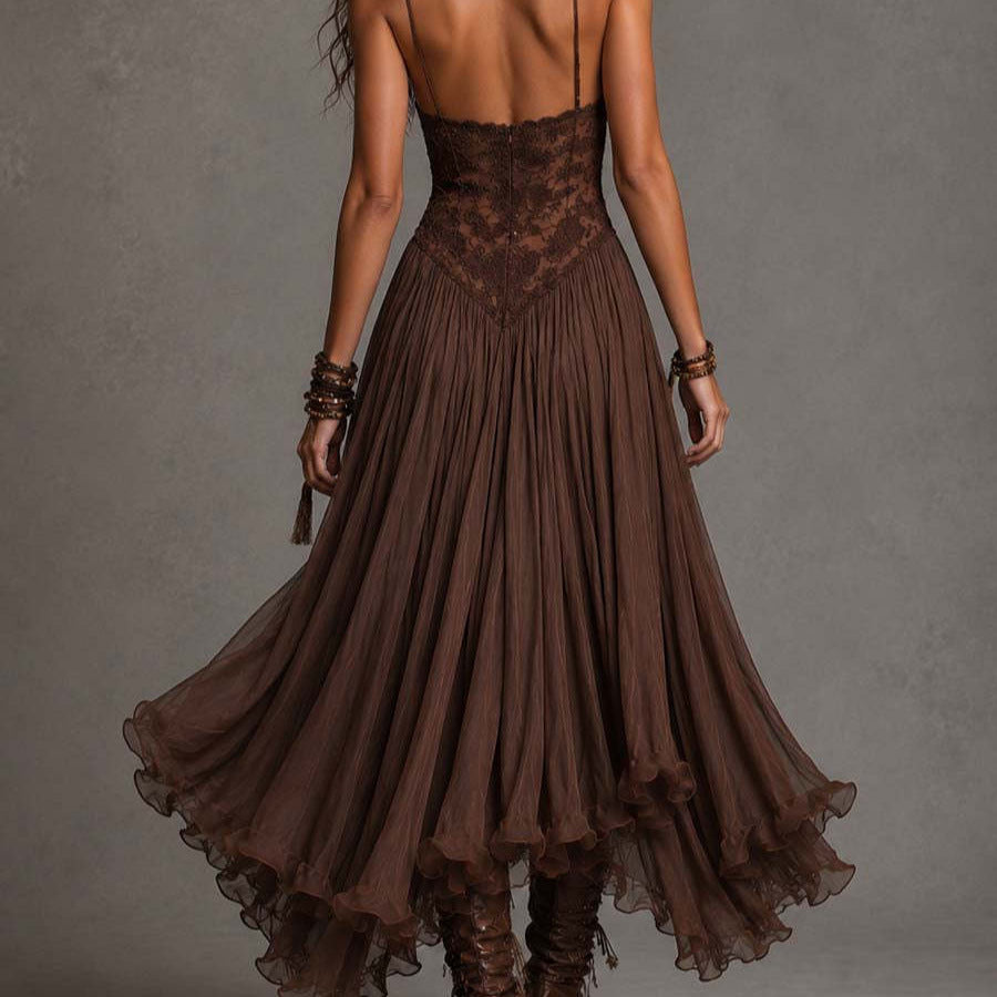 Vintage Chiffon Maxi-Kleid – Elegantes Florales Sommerkleid mit Trägern