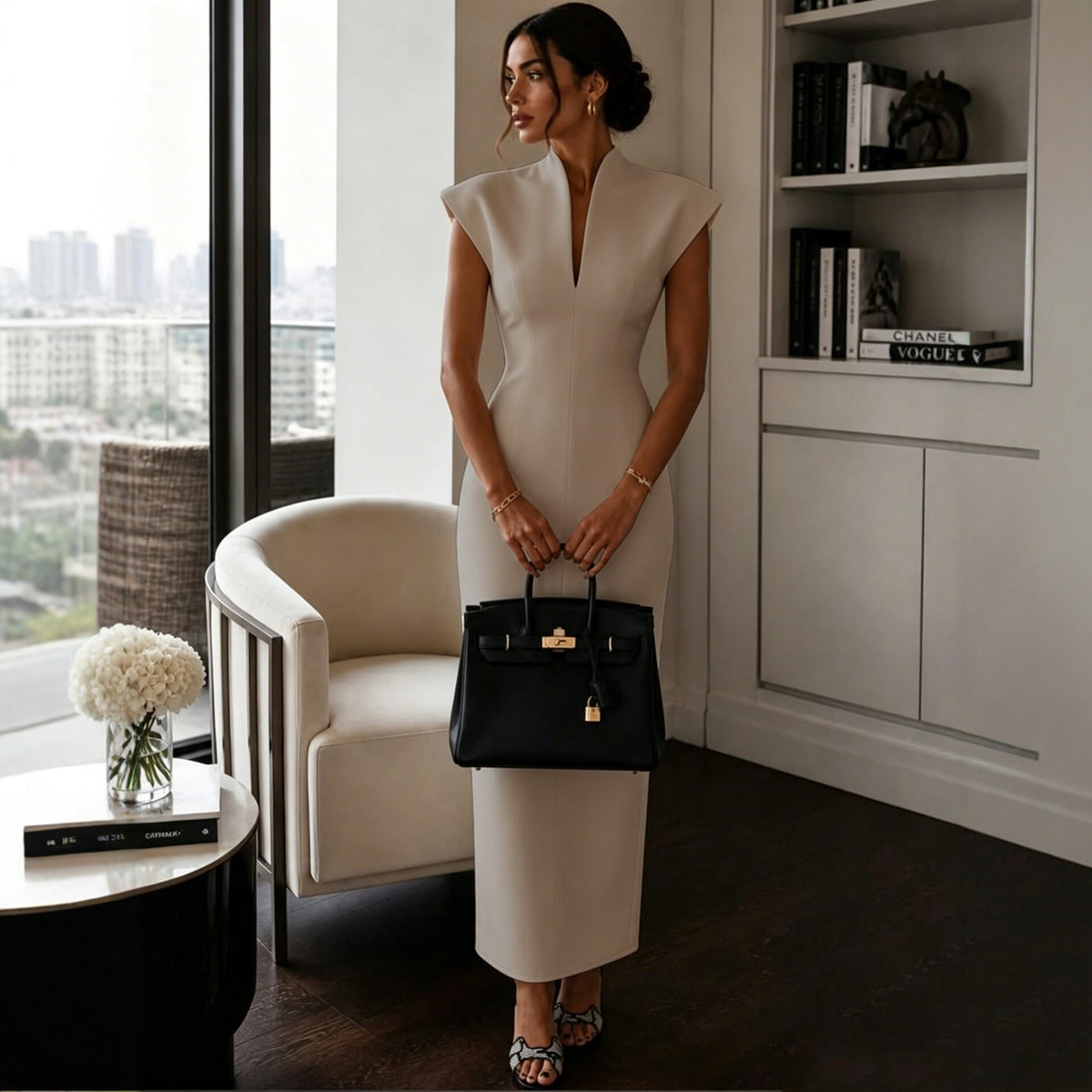 Figurbetontes Midikleid mit V-Ausschnitt