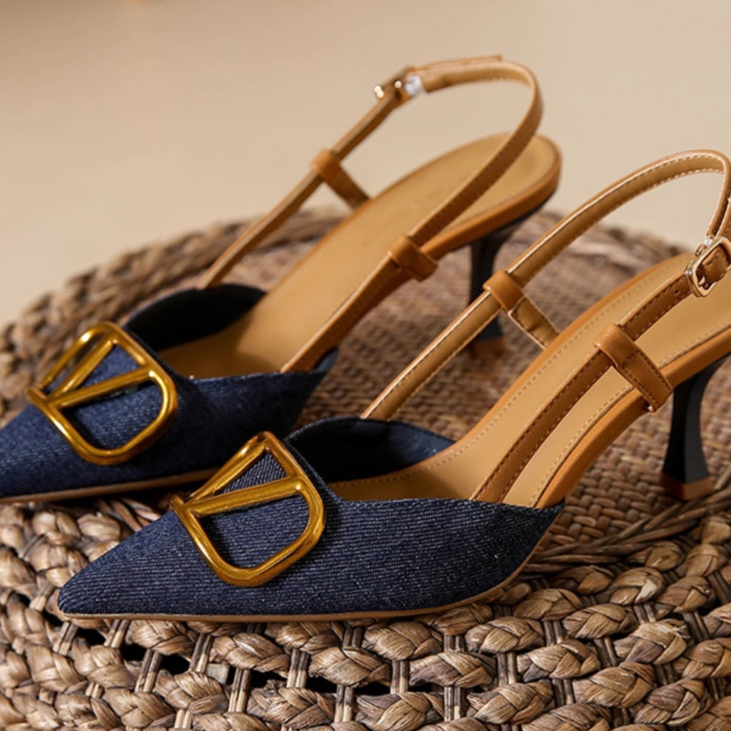 Spitze Denim-Sandaletten mit Stiletto-Absatz