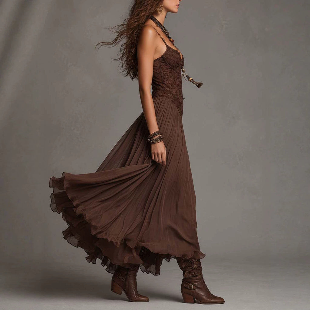 Vintage Chiffon Maxi-Kleid – Elegantes Florales Sommerkleid mit Trägern