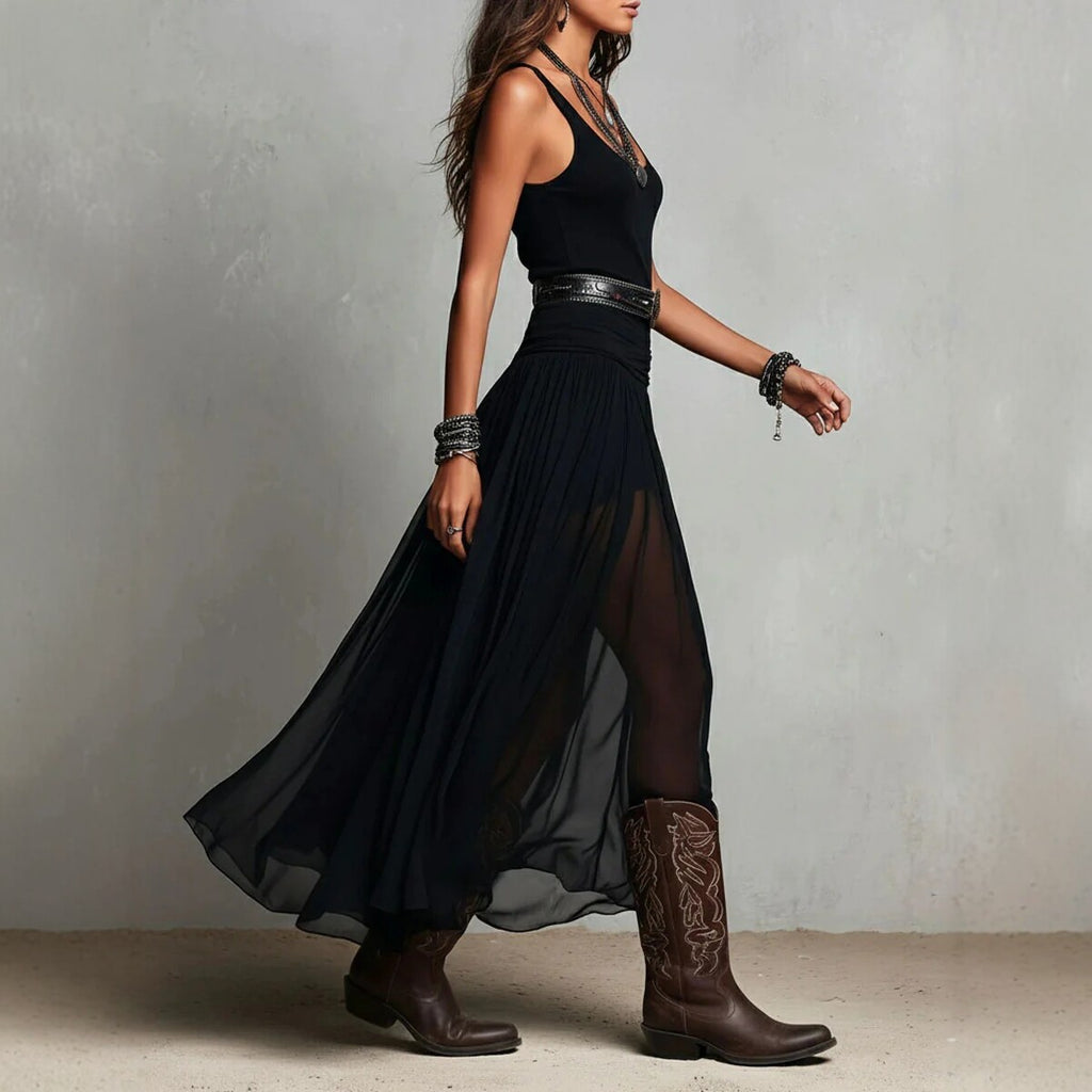 Schwarzes Maxikleid mit Trägern für Damen – Mesh-Kleid mit Gürtel