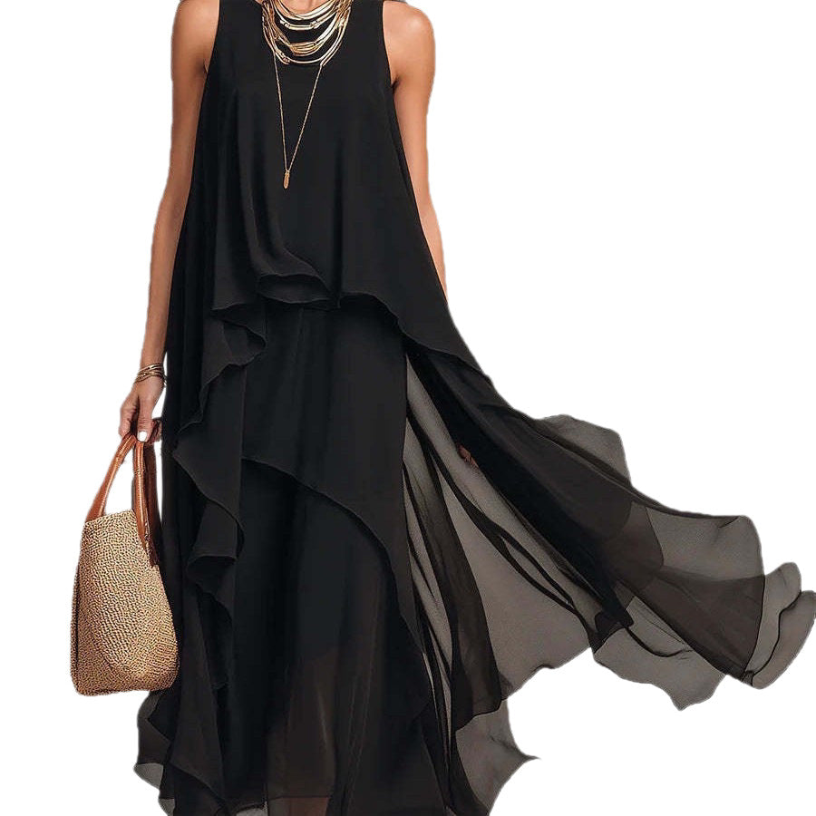 Schickes, fließendes, ärmelloses langes Chiffonkleid in Schwarz mit asymmetrischem Schnitt