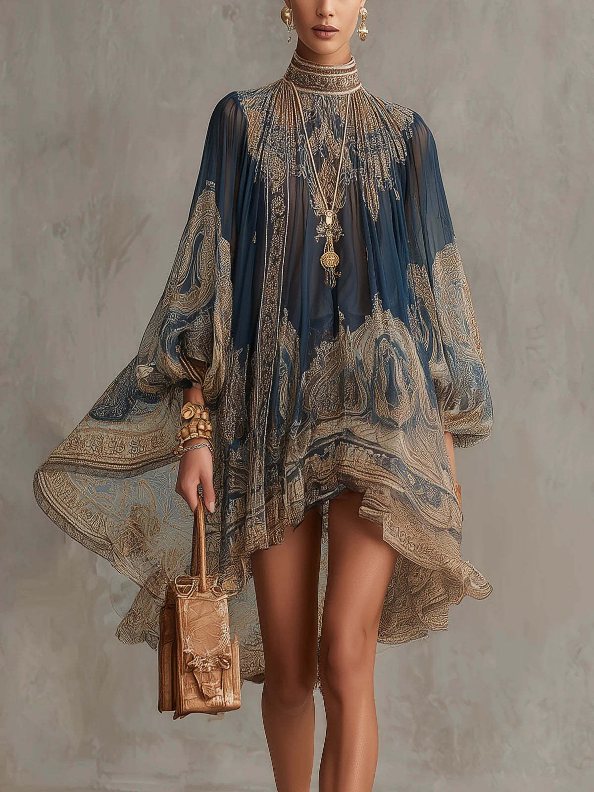 Bedrucktes, lockeres Kleid mit Stehkragen und langen Ärmeln