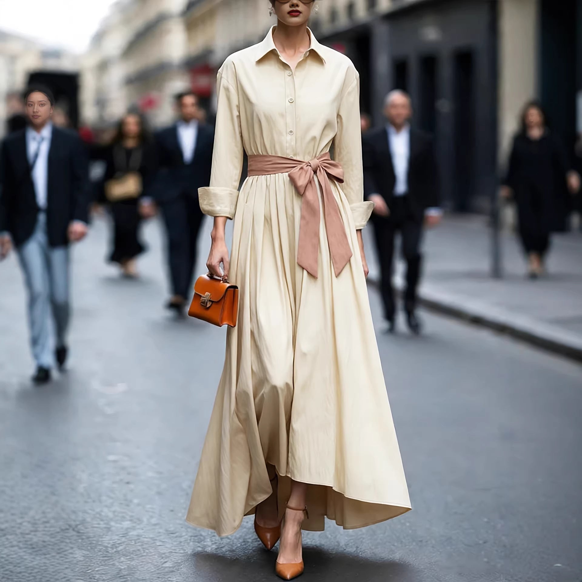 Langes Kleid mit langen Ärmeln, Polokragen und hoher Taille