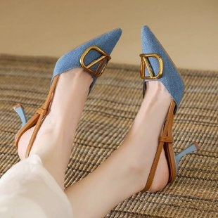 Spitze Denim-Sandaletten mit Stiletto-Absatz