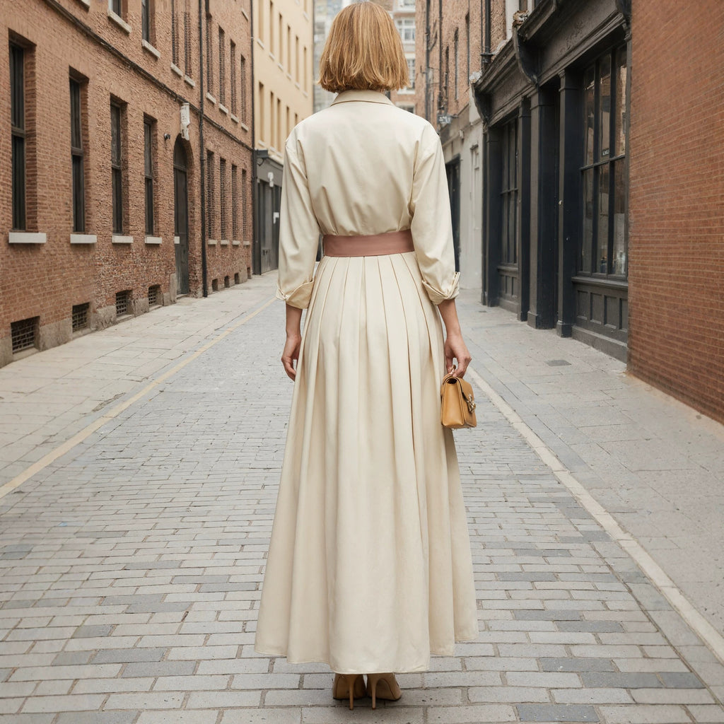 Langes Kleid mit langen Ärmeln, Polokragen und hoher Taille
