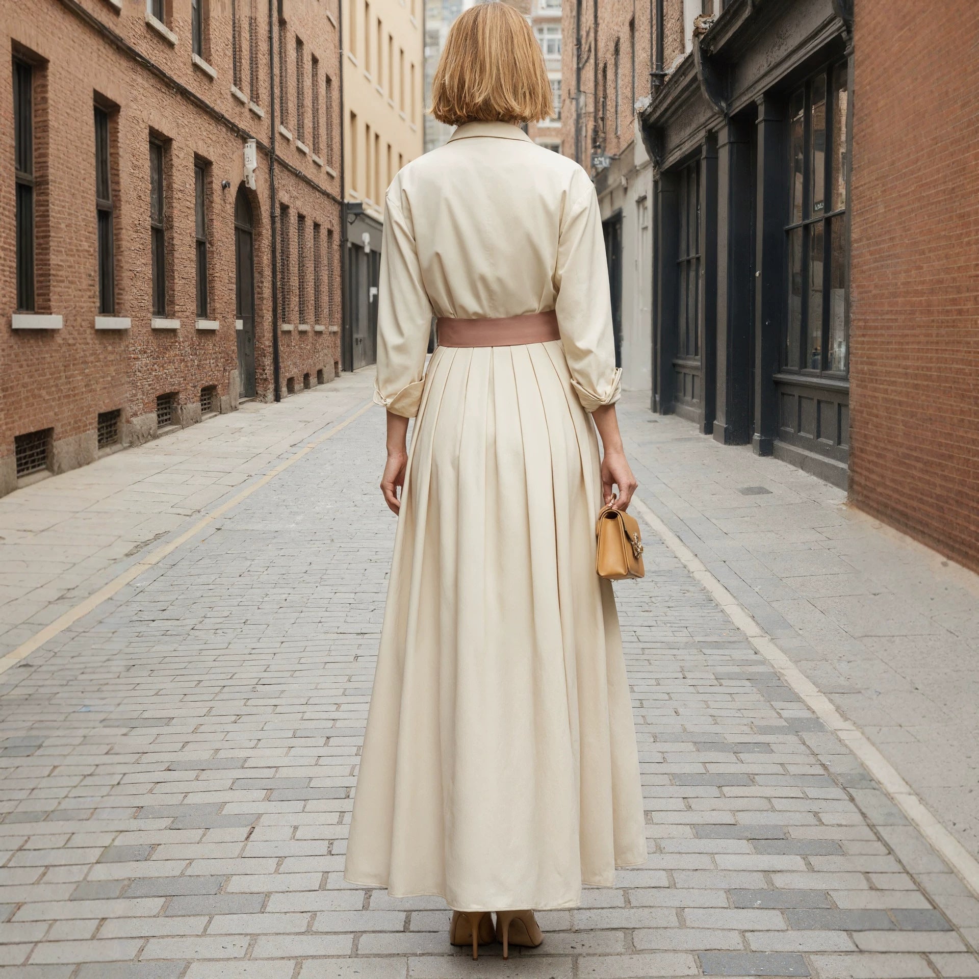 Langes Kleid mit langen Ärmeln, Polokragen und hoher Taille