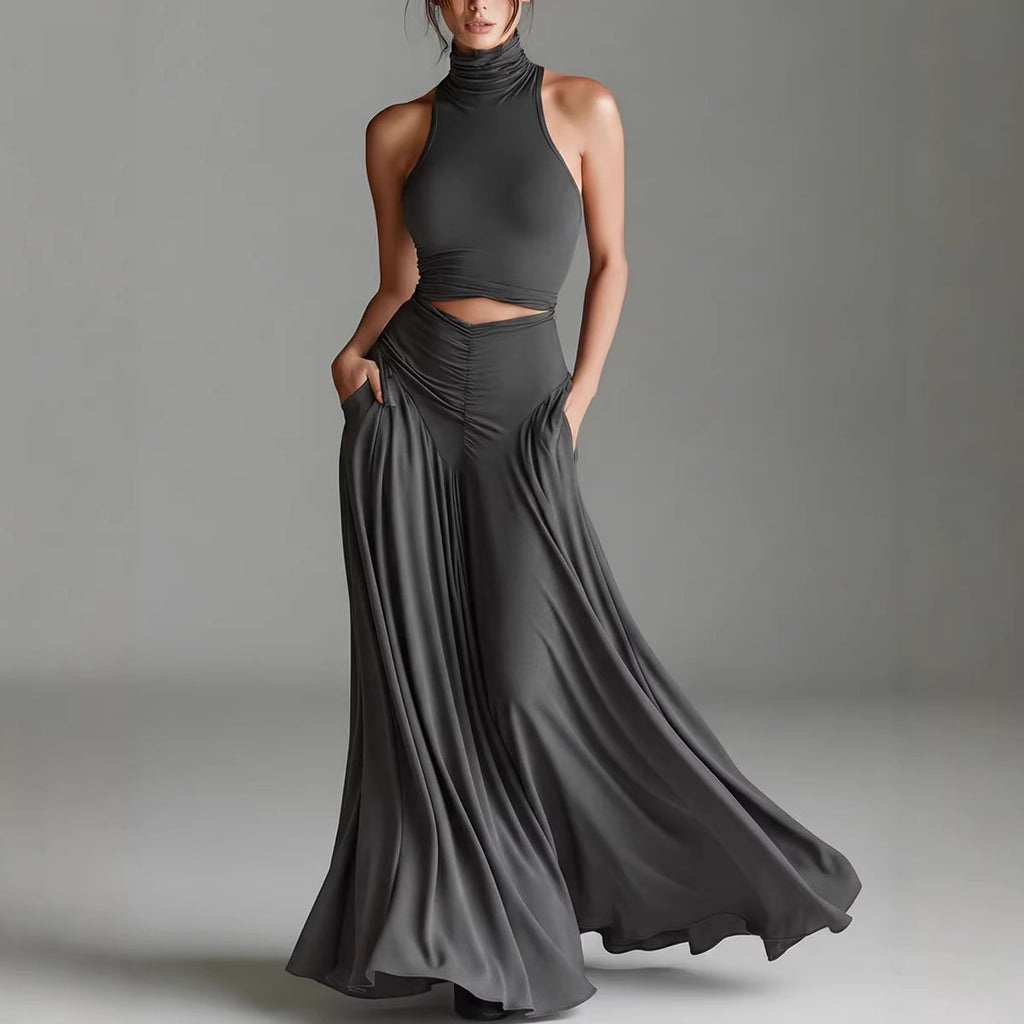 ärmelloses, hochgeschlossenes Oberteil mit elegantem, langem Kleid, zweiteiliges Set. Stilvolles zweiteiliges Setes Set aus ärmellosem Oberteil mit Stehkragen und elegantem langen Kleid