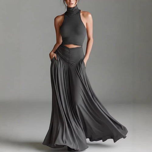 ärmelloses, hochgeschlossenes Oberteil mit elegantem, langem Kleid, zweiteiliges Set. Stilvolles zweiteiliges Setes Set aus ärmellosem Oberteil mit Stehkragen und elegantem langen Kleid