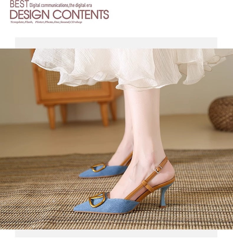 Spitze Denim-Sandaletten mit Stiletto-Absatz