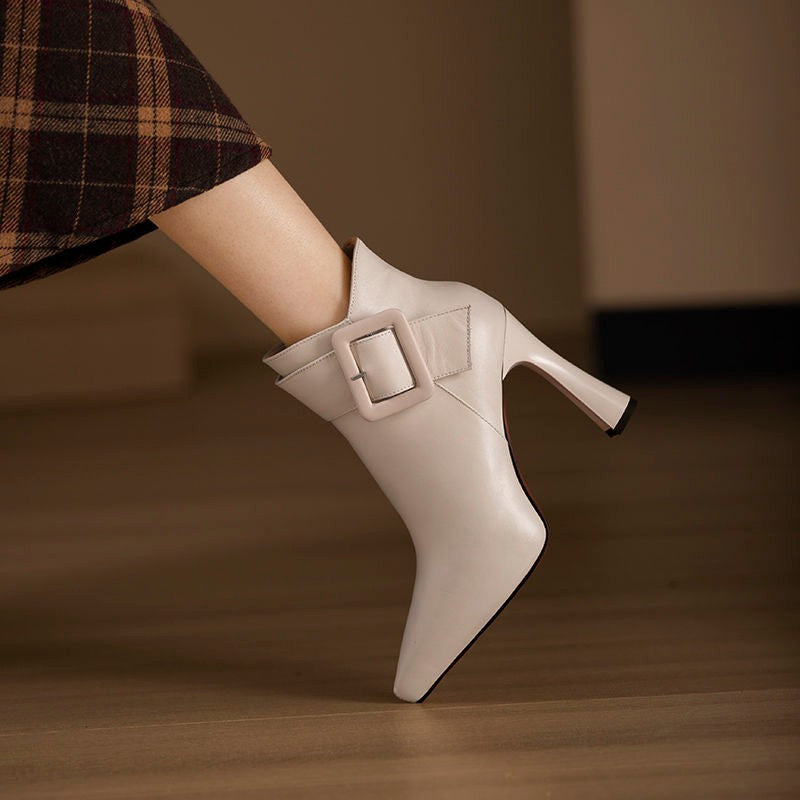 Faux Leather Pointed Toe High Heel Ankle Boots with Buckle Detail for Women