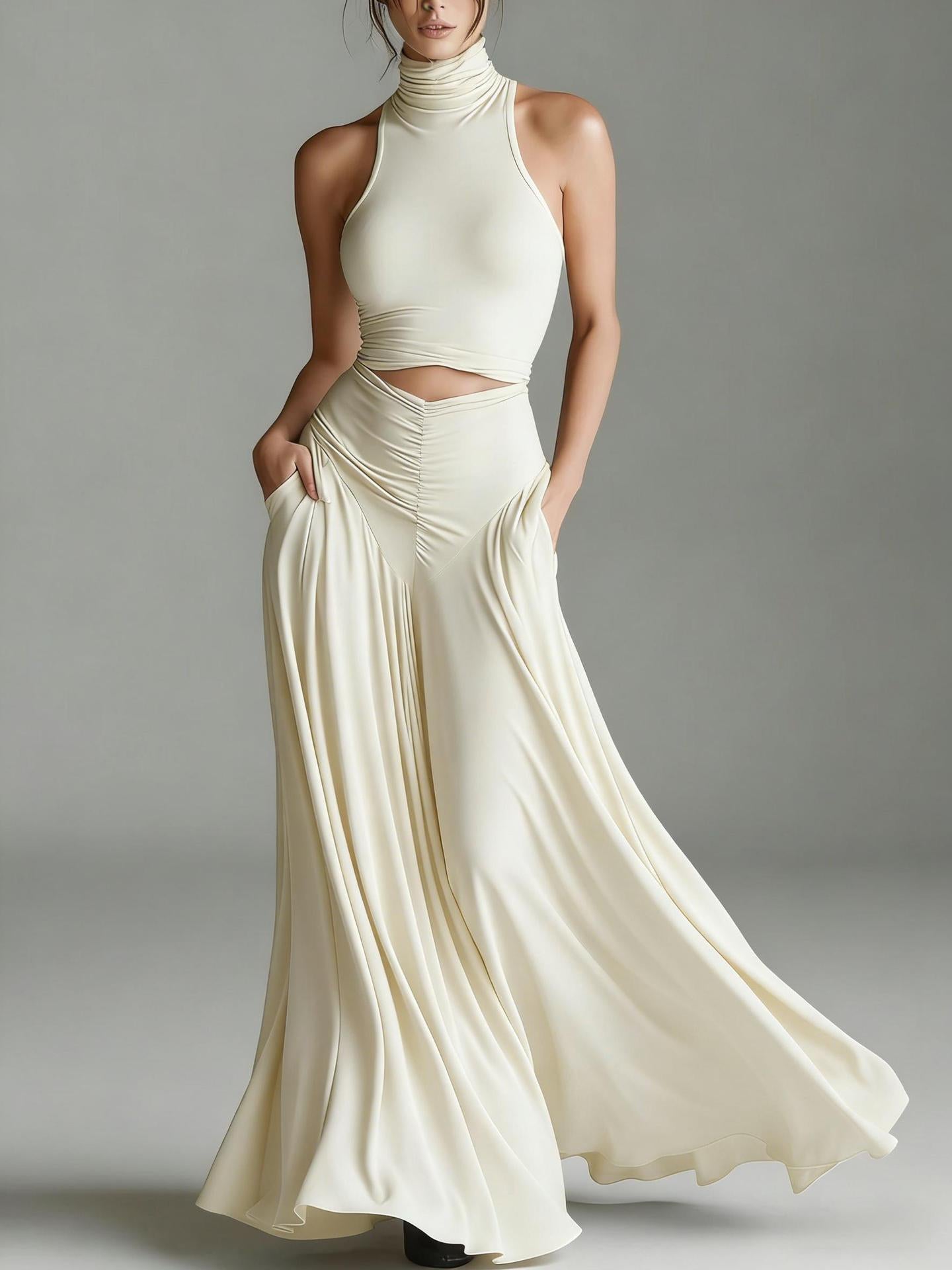 ärmelloses, hochgeschlossenes Oberteil mit elegantem, langem Kleid, zweiteiliges Set. Stilvolles zweiteiliges Setes Set aus ärmellosem Oberteil mit Stehkragen und elegantem langen Kleid