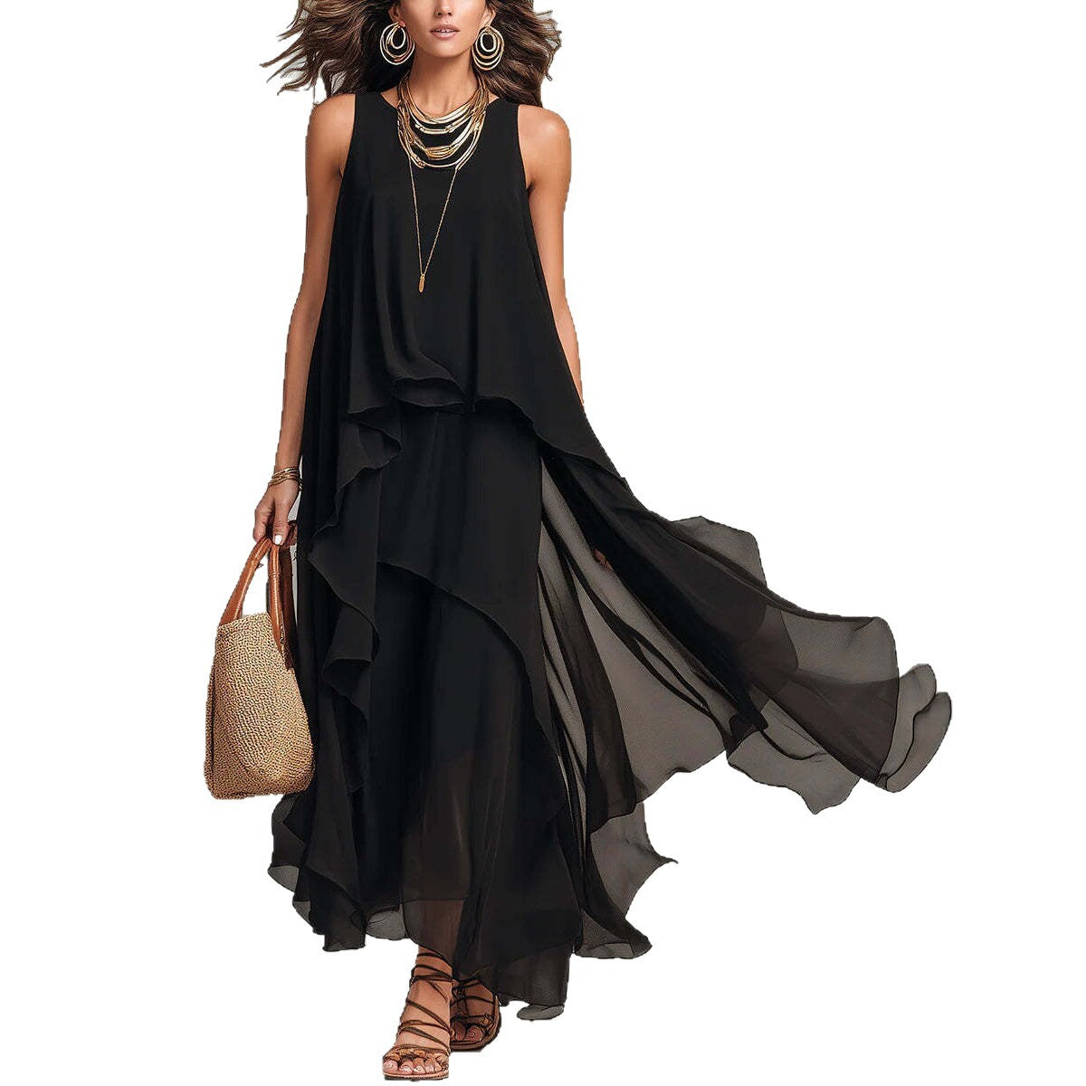 Schickes, fließendes, ärmelloses langes Chiffonkleid in Schwarz mit asymmetrischem Schnitt