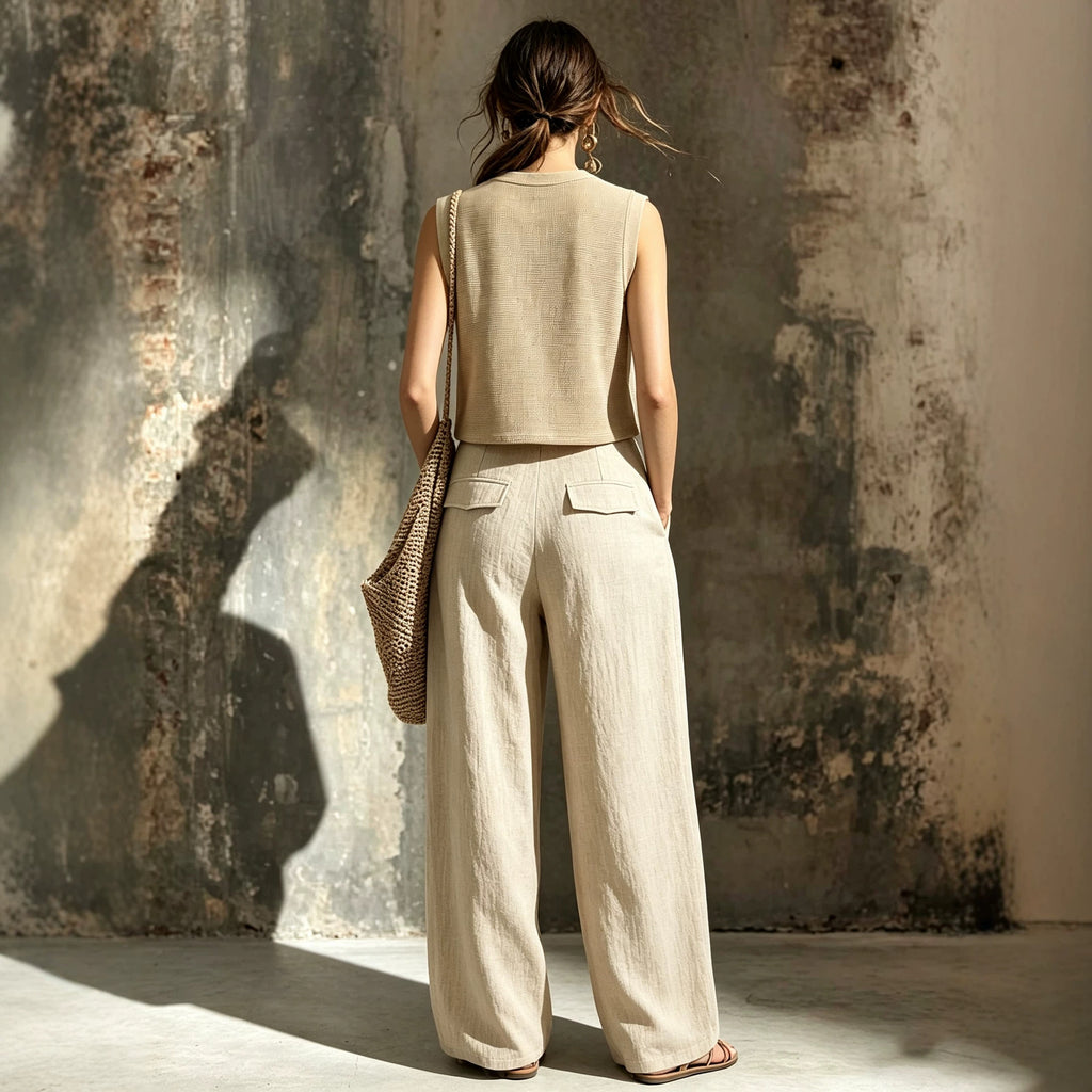 Khaki-Zweiteiler mit gestrickter Weste und weiter Hose