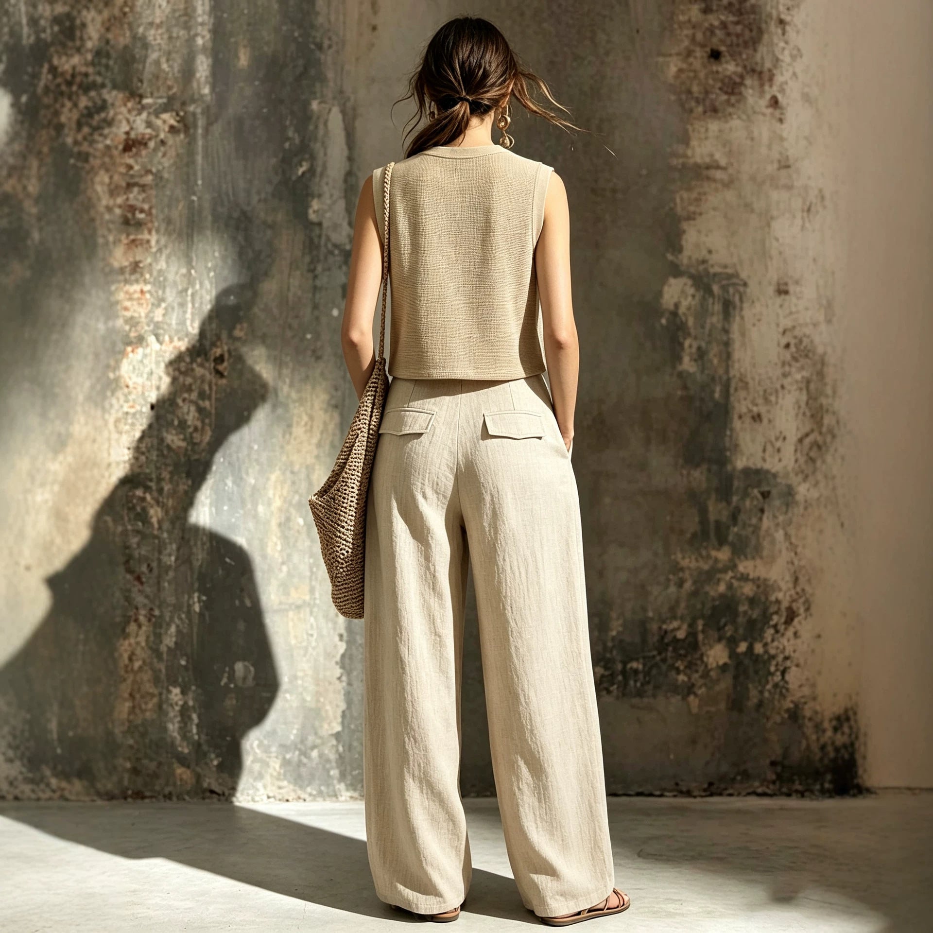 Khaki-Zweiteiler mit gestrickter Weste und weiter Hose