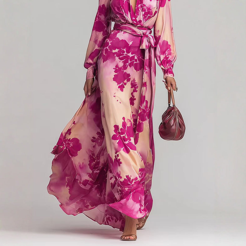 Bedrucktes Chiffonkleid mit langen Ärmeln, V-Ausschnitt und Bindedetail – elegantes, schickes langes Kleid