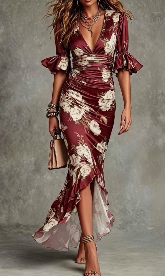 Elegantes Kleid mit Blumenprint, tiefem V-Ausschnitt und ausgestellten Ärmeln