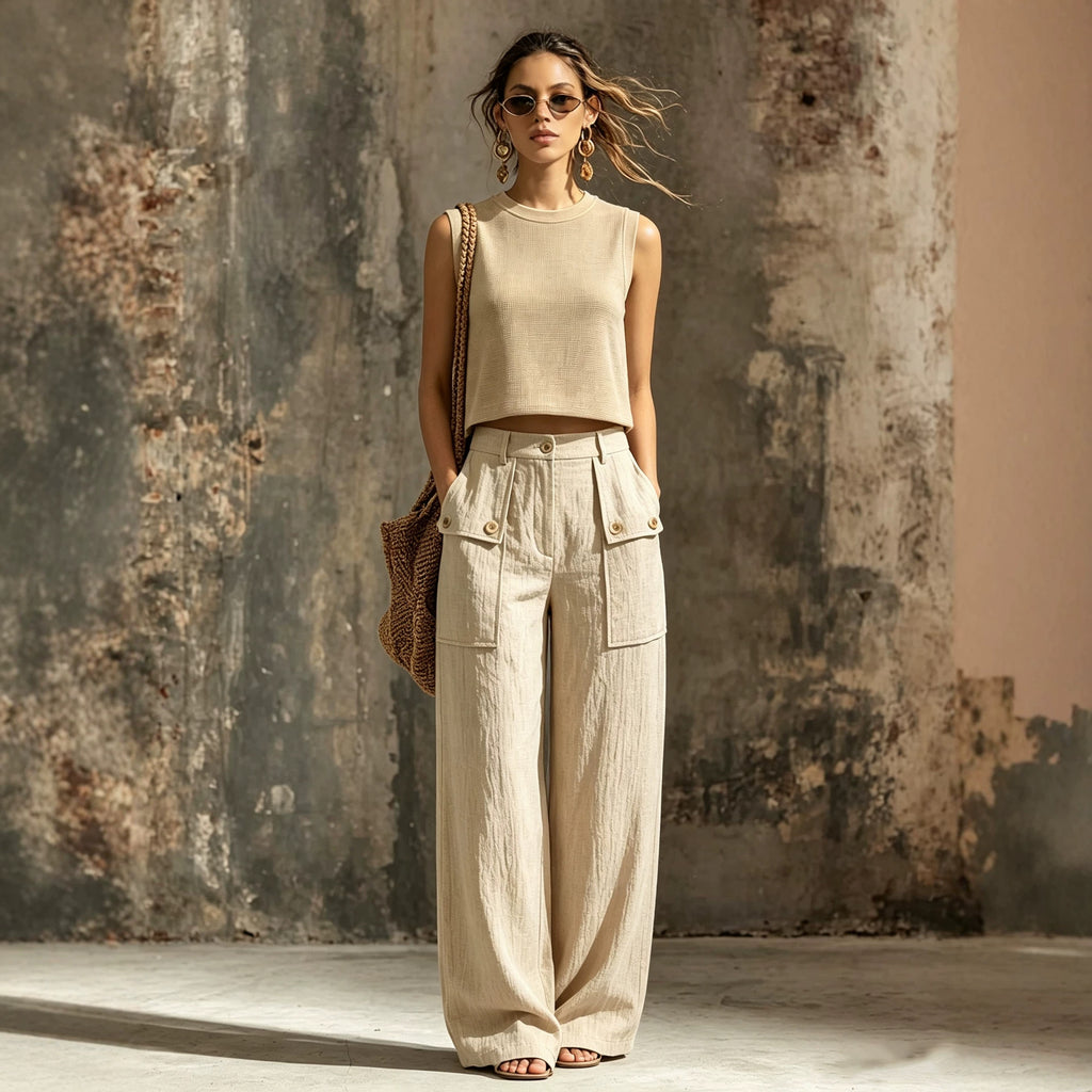 Khaki-Zweiteiler mit gestrickter Weste und weiter Hose
