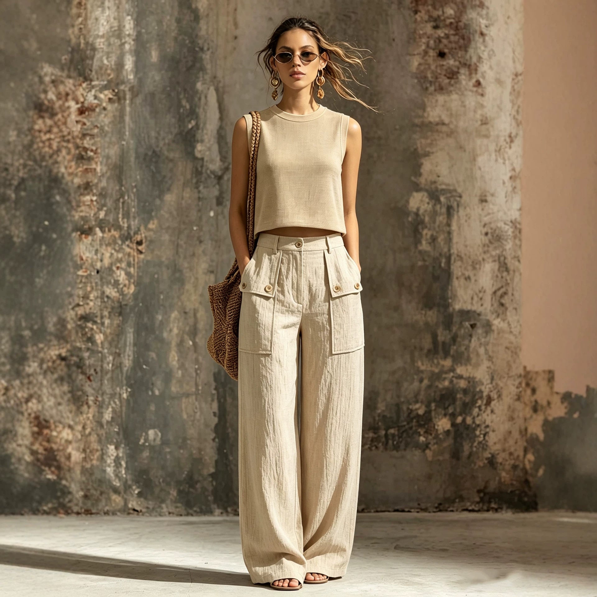 Khaki-Zweiteiler mit gestrickter Weste und weiter Hose