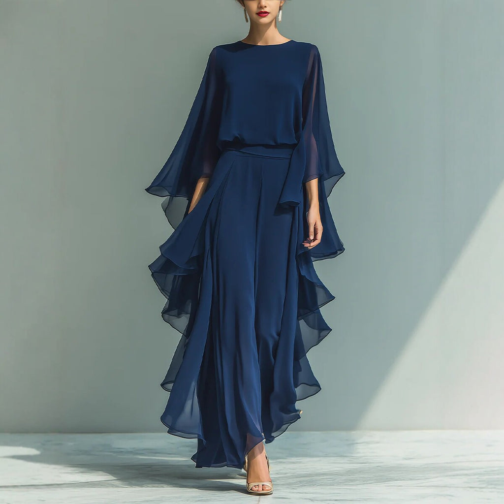 Dunkelblaues Set für Damen: Hose mit weitem Bein und Rüschen sowie Oberteil – modischer, eleganter Zweiteiler Langarm, lässig