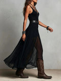Schwarzes Maxikleid mit Trägern für Damen – Mesh-Kleid mit Gürtel