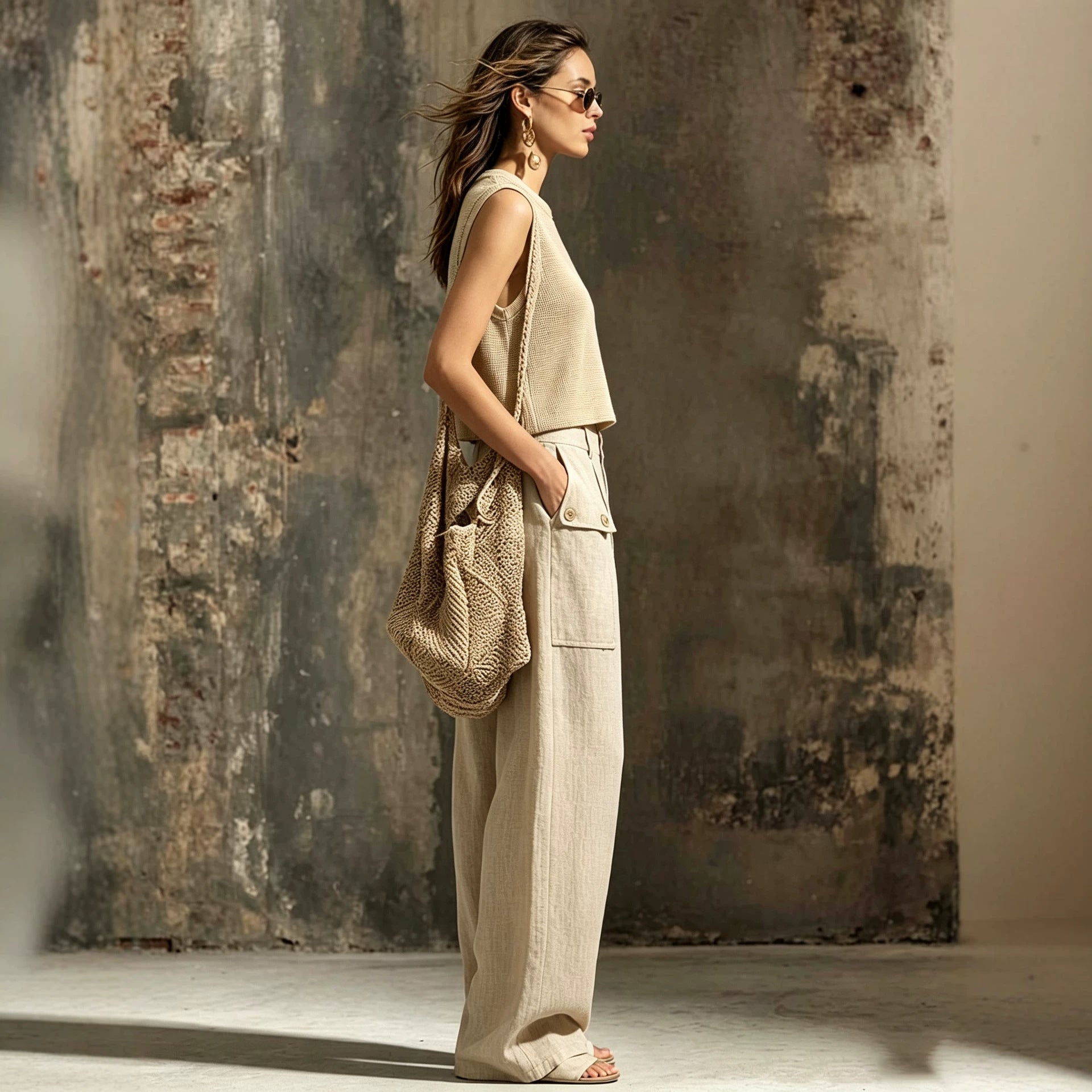 Khaki-Zweiteiler mit gestrickter Weste und weiter Hose