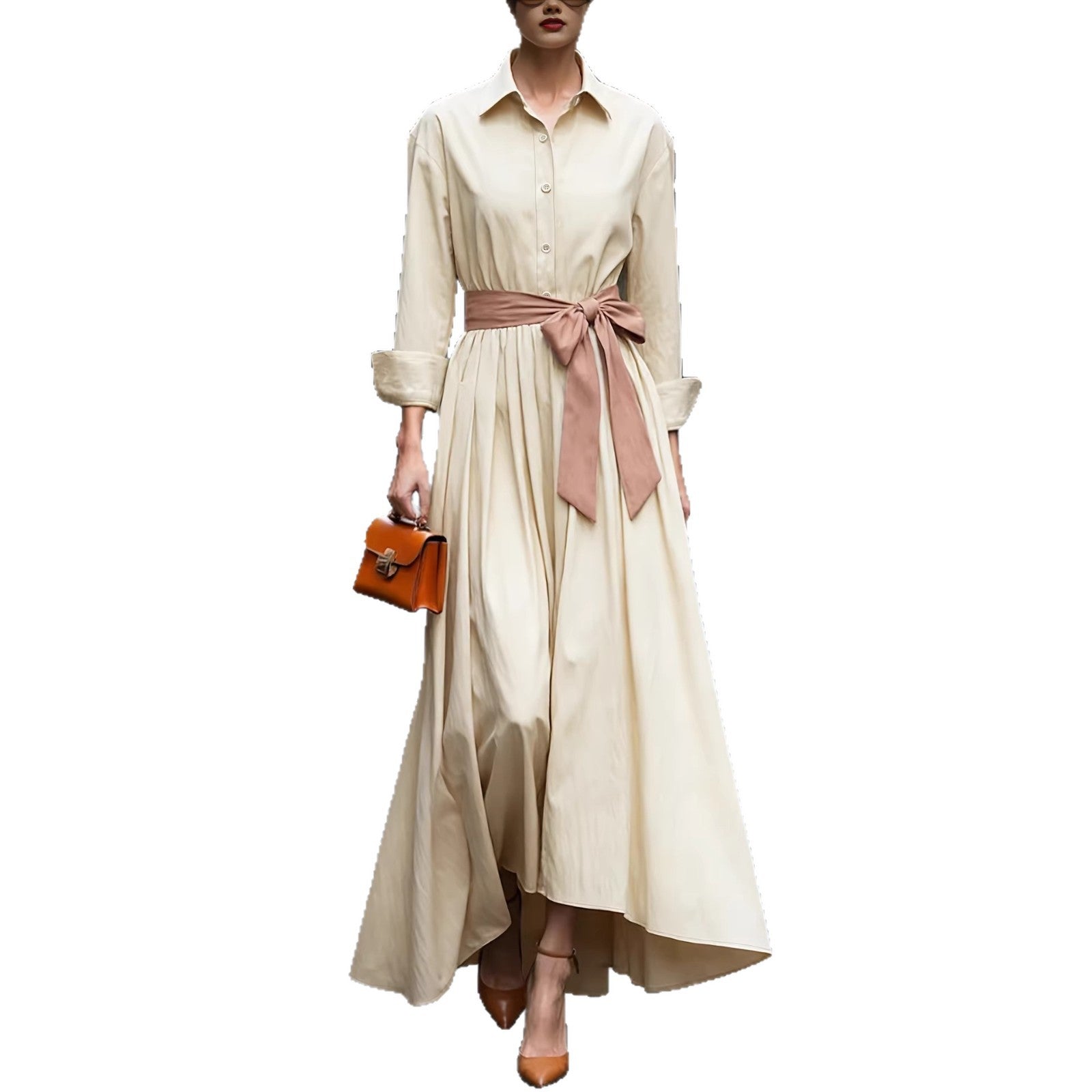 Langes Kleid mit langen Ärmeln, Polokragen und hoher Taille