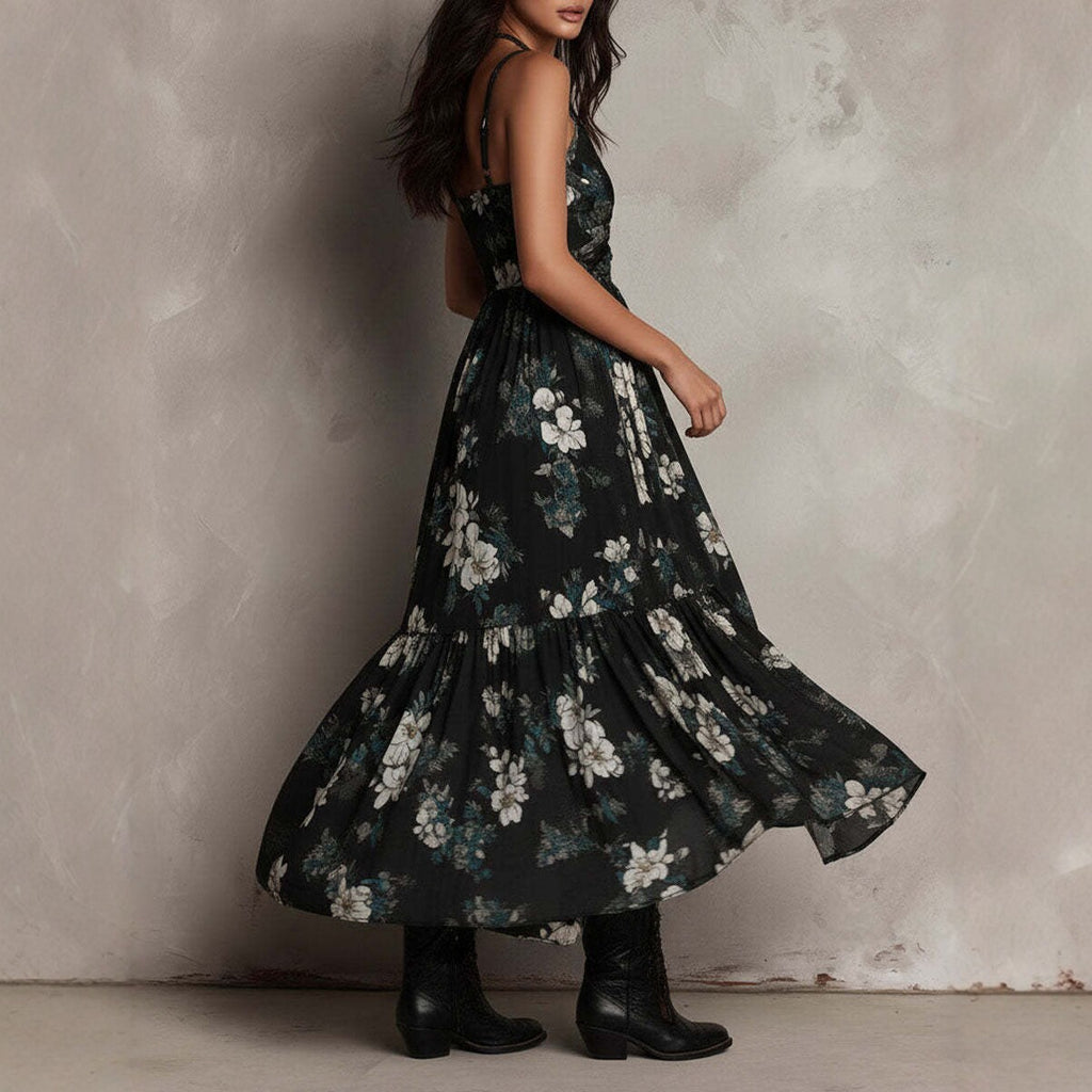 Modisches Damen-Camisole-Kleid mit Print, V-Ausschnitt, tailliertem Schnitt und langem Rock mit hohem Schlitz – ideal für den Urlaub