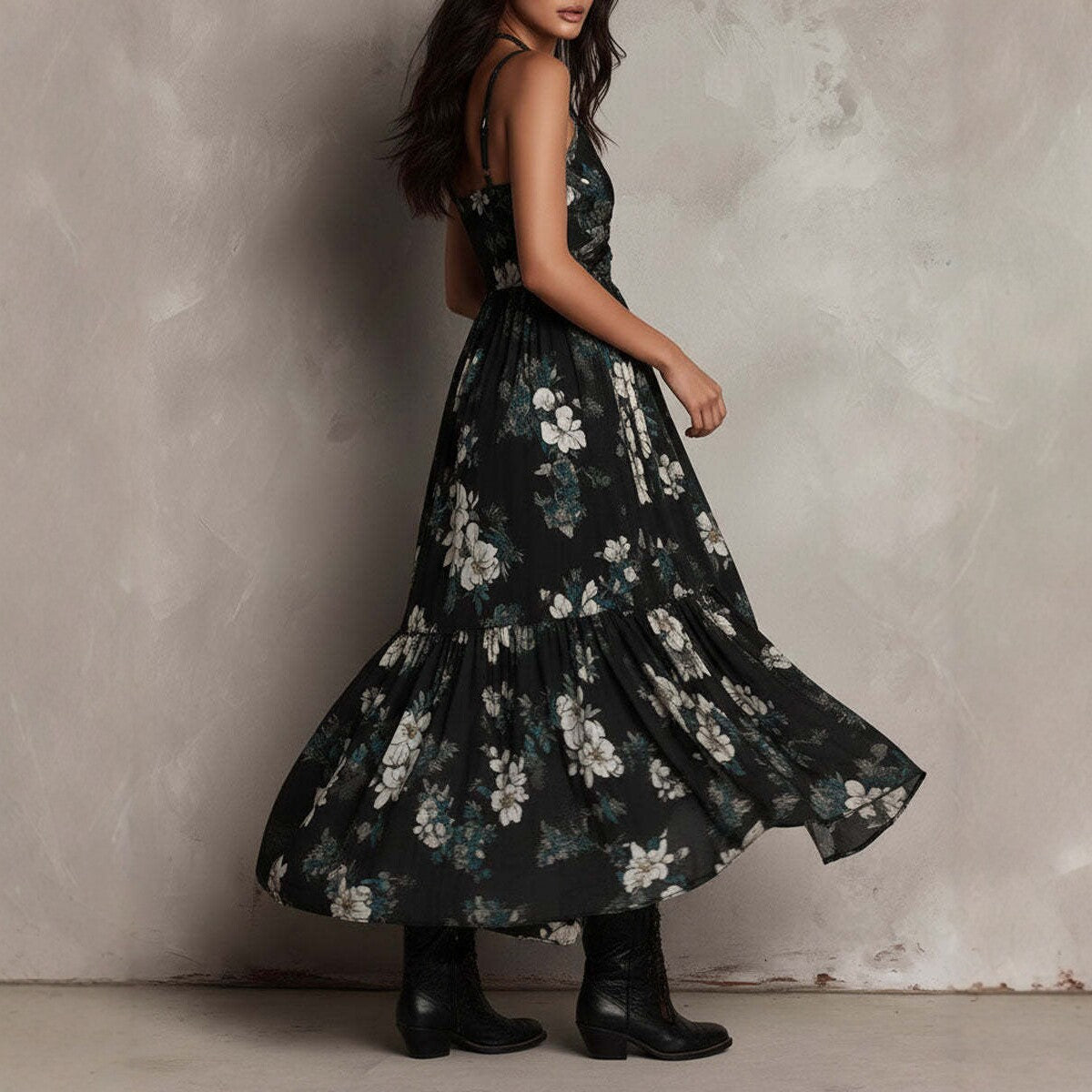 Modisches Damen-Camisole-Kleid mit Print, V-Ausschnitt, tailliertem Schnitt und langem Rock mit hohem Schlitz – ideal für den Urlaub