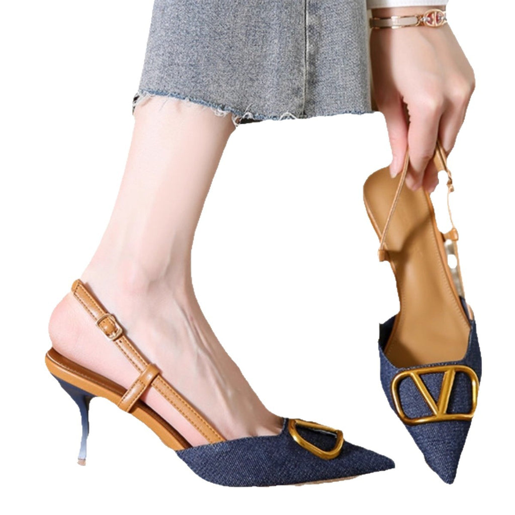 Spitze Denim-Sandaletten mit Stiletto-Absatz