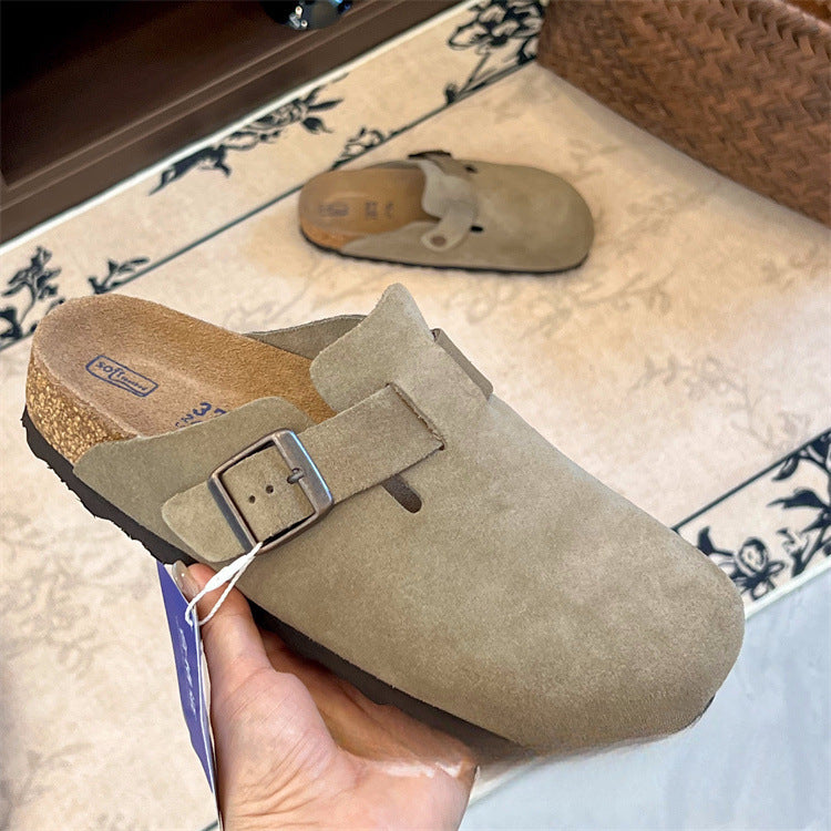 Leder-Pantoletten mit erhöhter Kork-EVA-Sohle