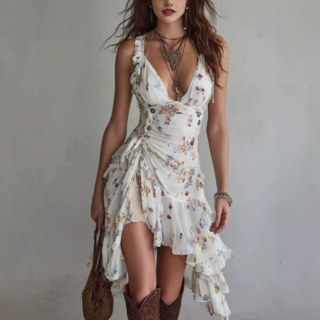 Elegantes Damen-Chiffonkleid mit Blumenmuster, Trägern, V-Ausschnitt und Rüschen