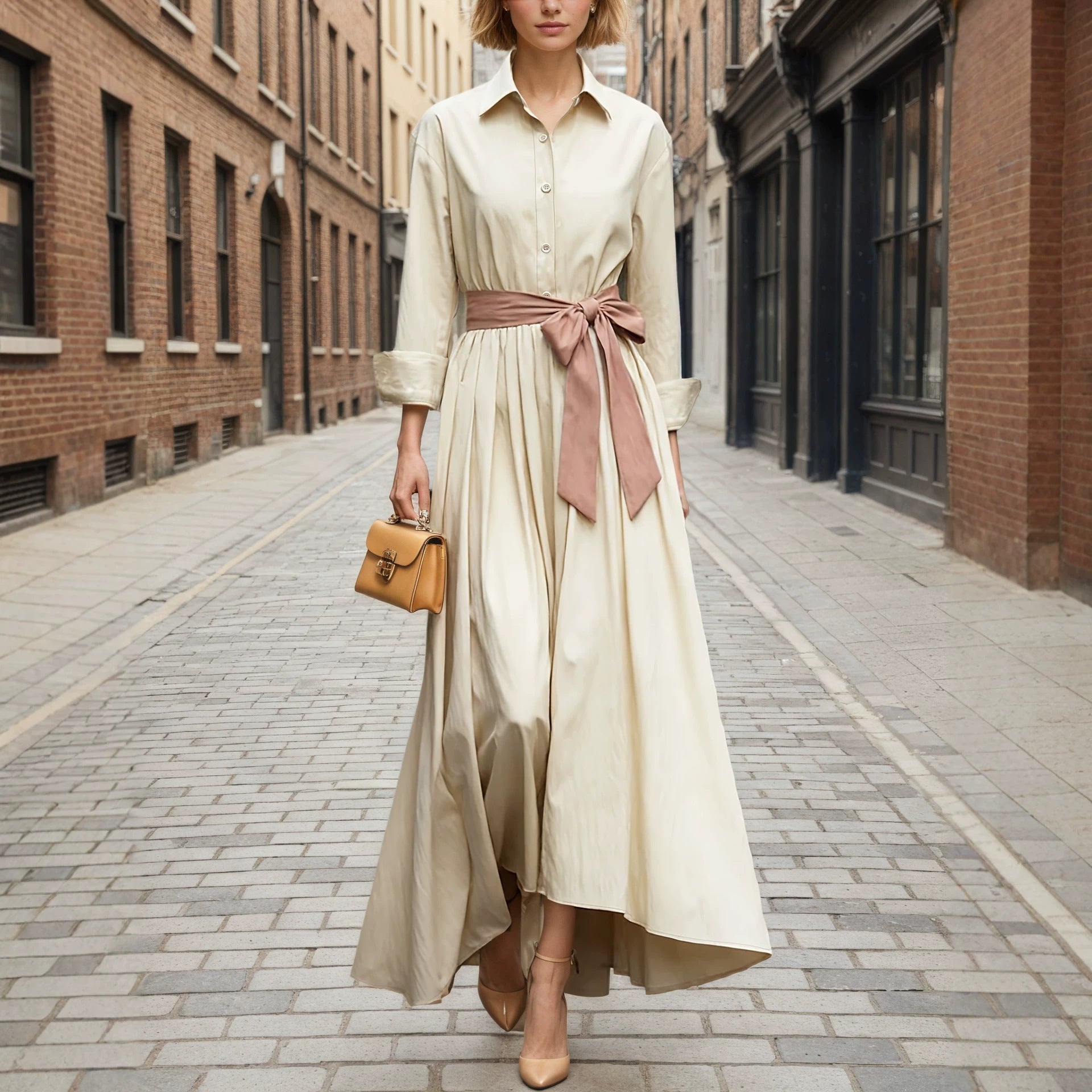 Langes Kleid mit langen Ärmeln, Polokragen und hoher Taille