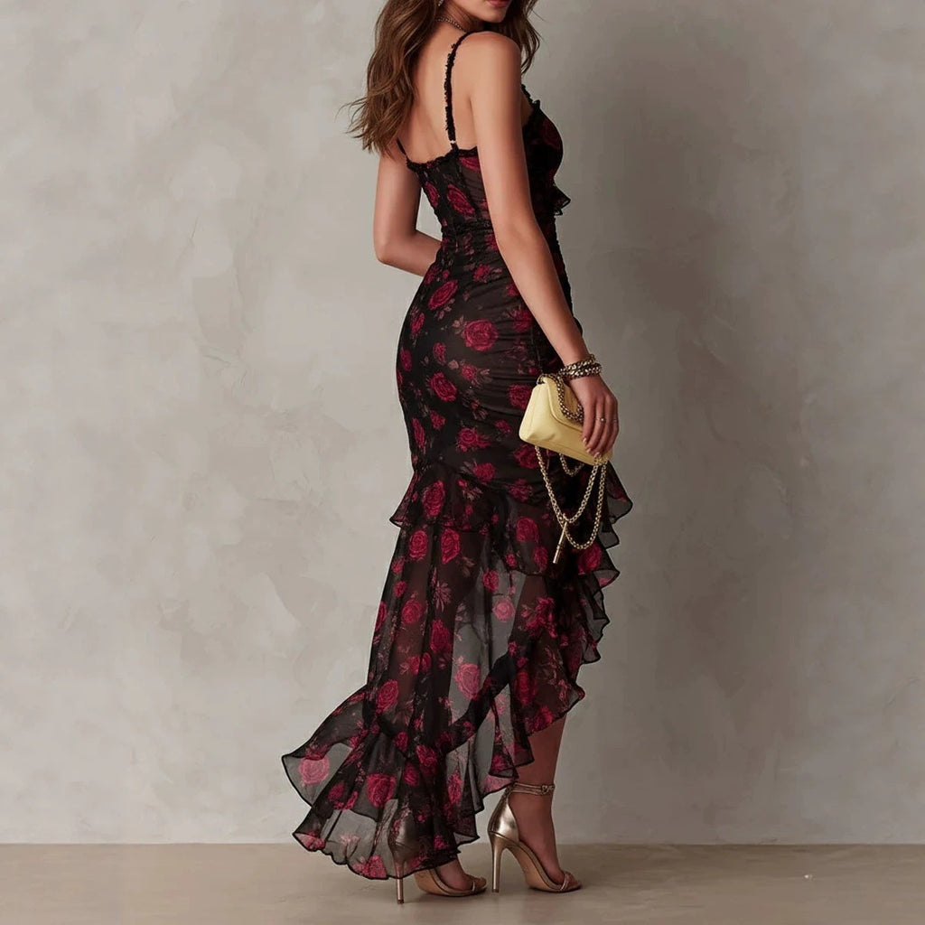 A-Linien-Kleid mit Blumenmuster, Trägern und unregelmäßigem Rüschensaum