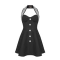 Schwarzes Mini-Bandage-Kleid mit glitzerndem Strassknopf, tailliertem Schnitt und verspieltem Ausschnitt – perfekt für Partys.
