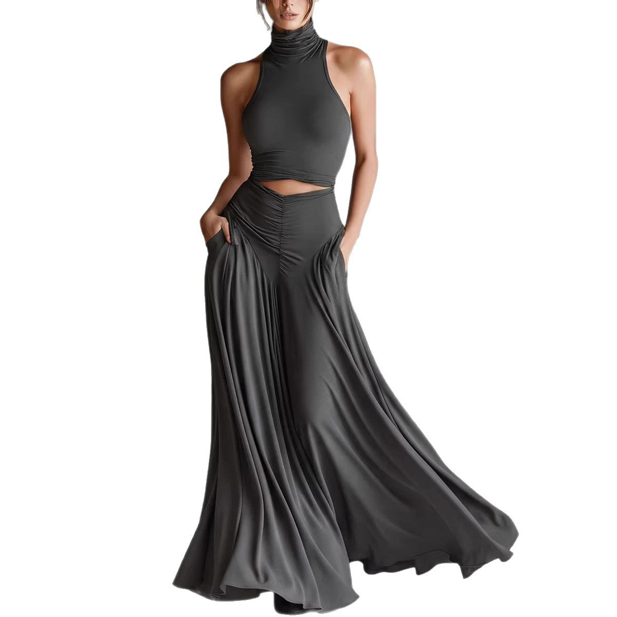 ärmelloses, hochgeschlossenes Oberteil mit elegantem, langem Kleid, zweiteiliges Set. Stilvolles zweiteiliges Setes Set aus ärmellosem Oberteil mit Stehkragen und elegantem langen Kleid