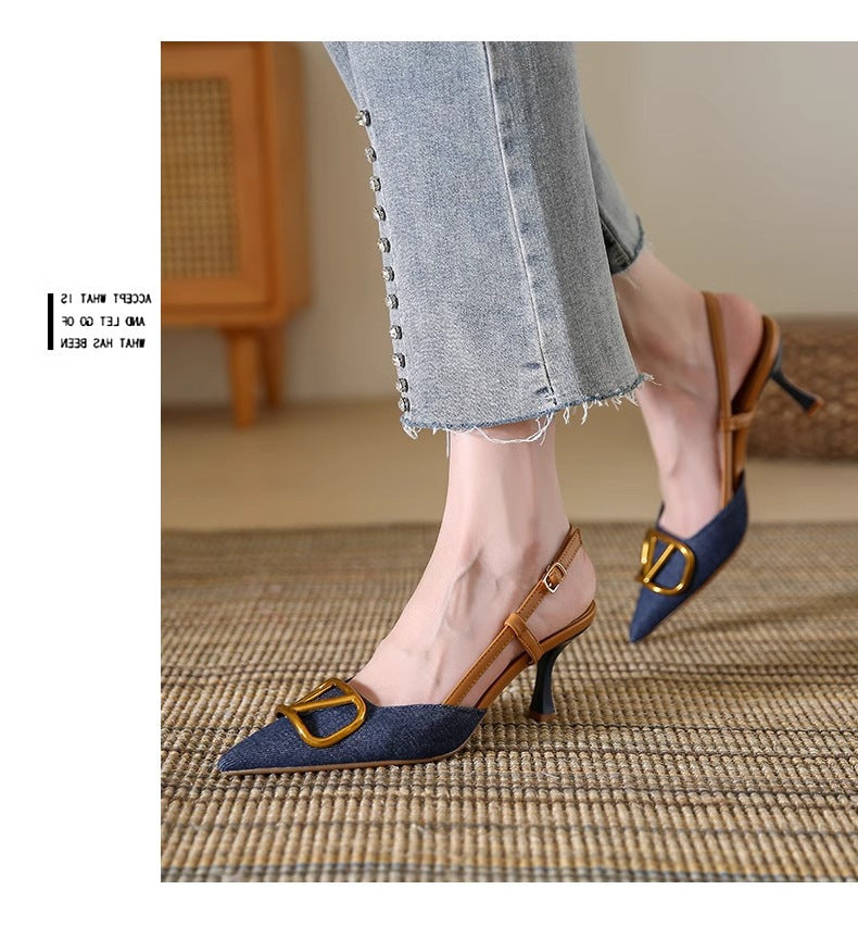 Spitze Denim-Sandaletten mit Stiletto-Absatz