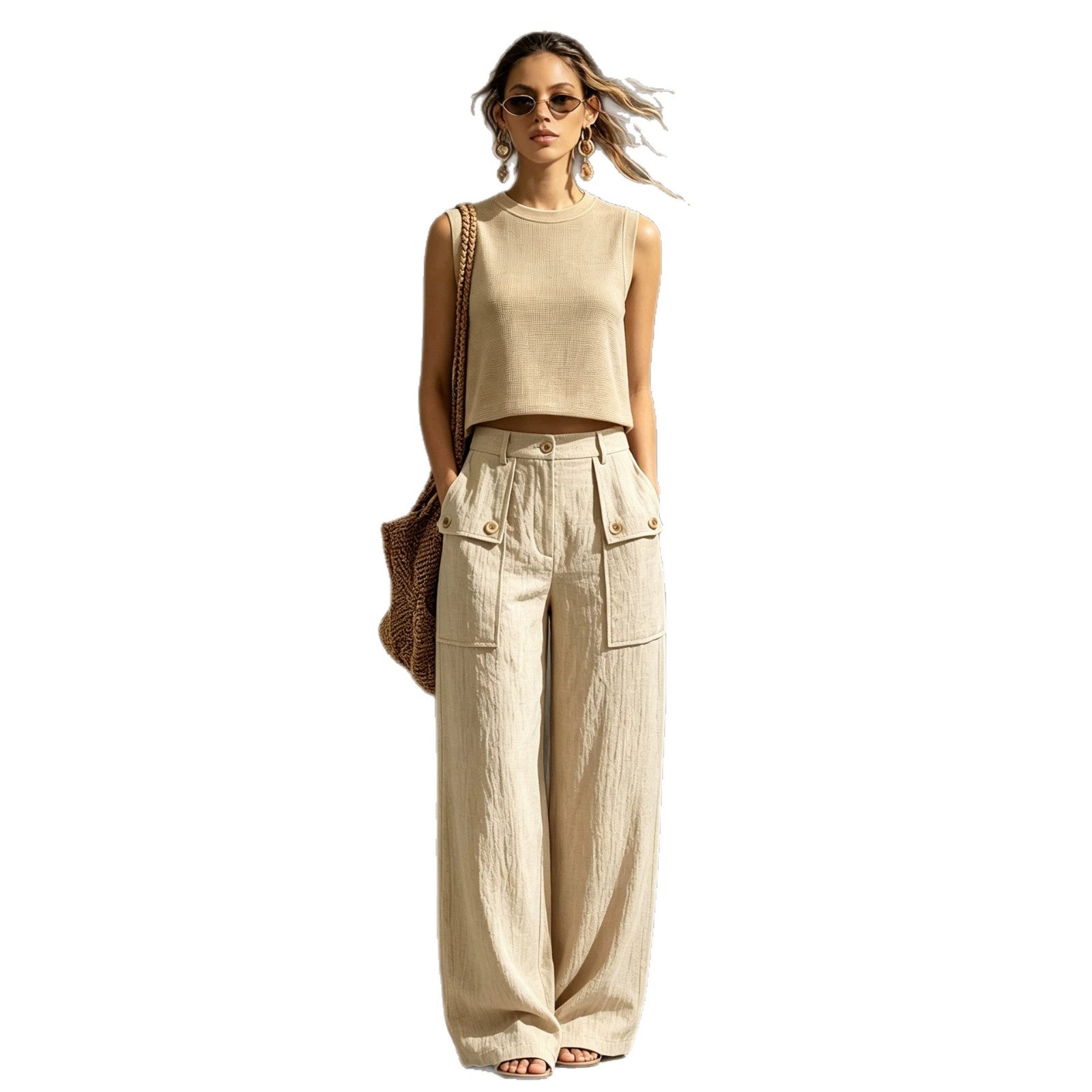 Khaki-Zweiteiler mit gestrickter Weste und weiter Hose