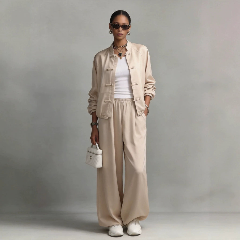 Satin-Zweiteiler mit weiter Hose und Oberteil mit Kordelzug