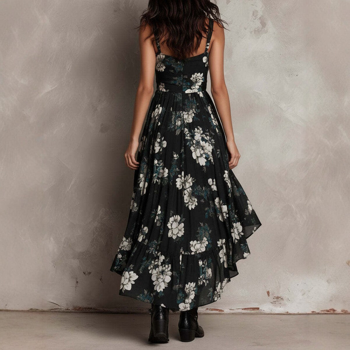 Modisches Damen-Camisole-Kleid mit Print, V-Ausschnitt, tailliertem Schnitt und langem Rock mit hohem Schlitz – ideal für den Urlaub