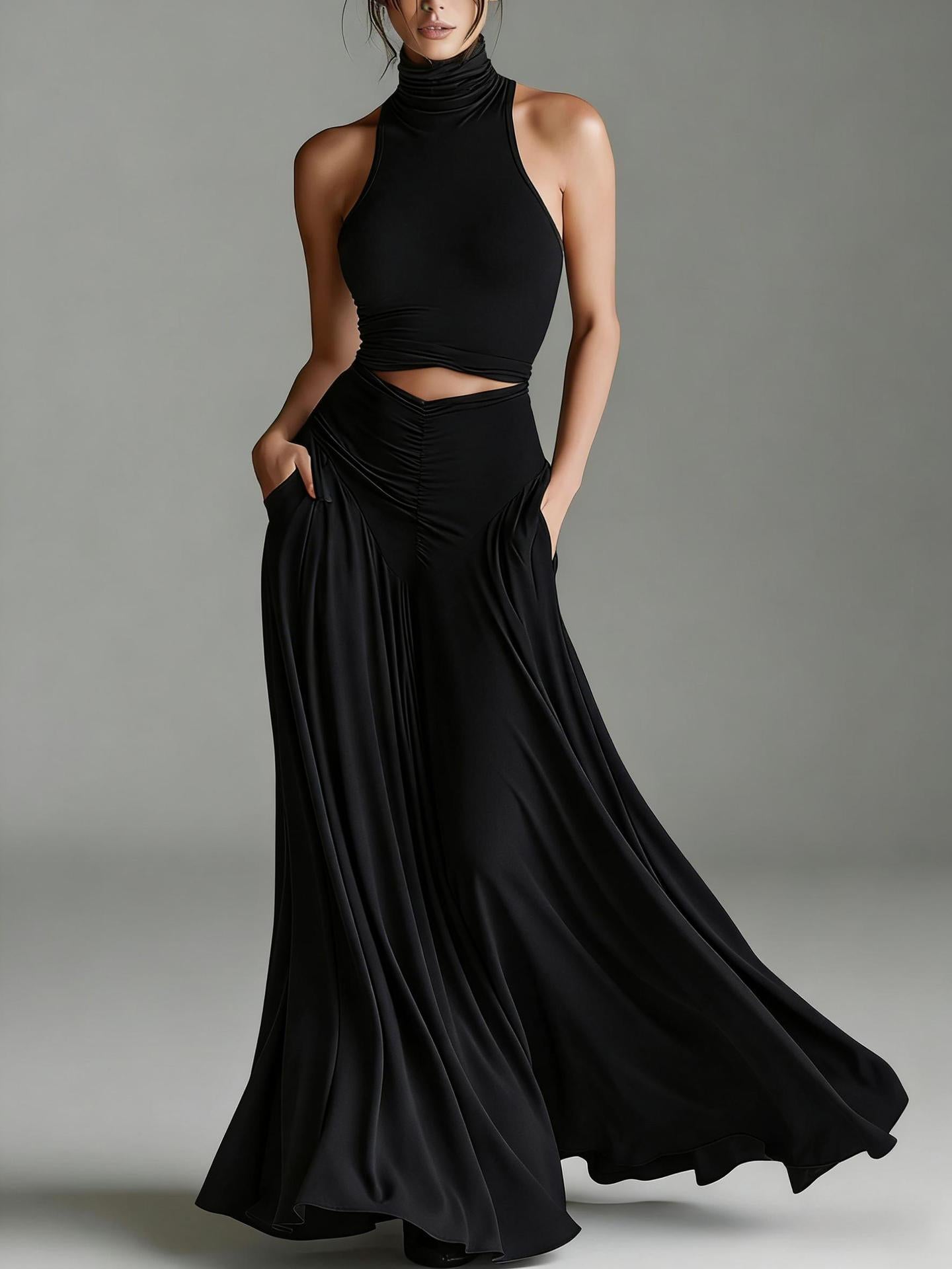 ärmelloses, hochgeschlossenes Oberteil mit elegantem, langem Kleid, zweiteiliges Set. Stilvolles zweiteiliges Setes Set aus ärmellosem Oberteil mit Stehkragen und elegantem langen Kleid