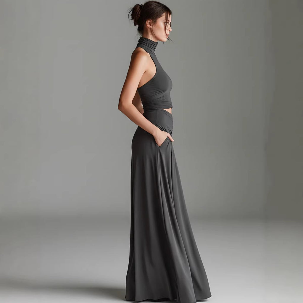 ärmelloses, hochgeschlossenes Oberteil mit elegantem, langem Kleid, zweiteiliges Set. Stilvolles zweiteiliges Setes Set aus ärmellosem Oberteil mit Stehkragen und elegantem langen Kleid