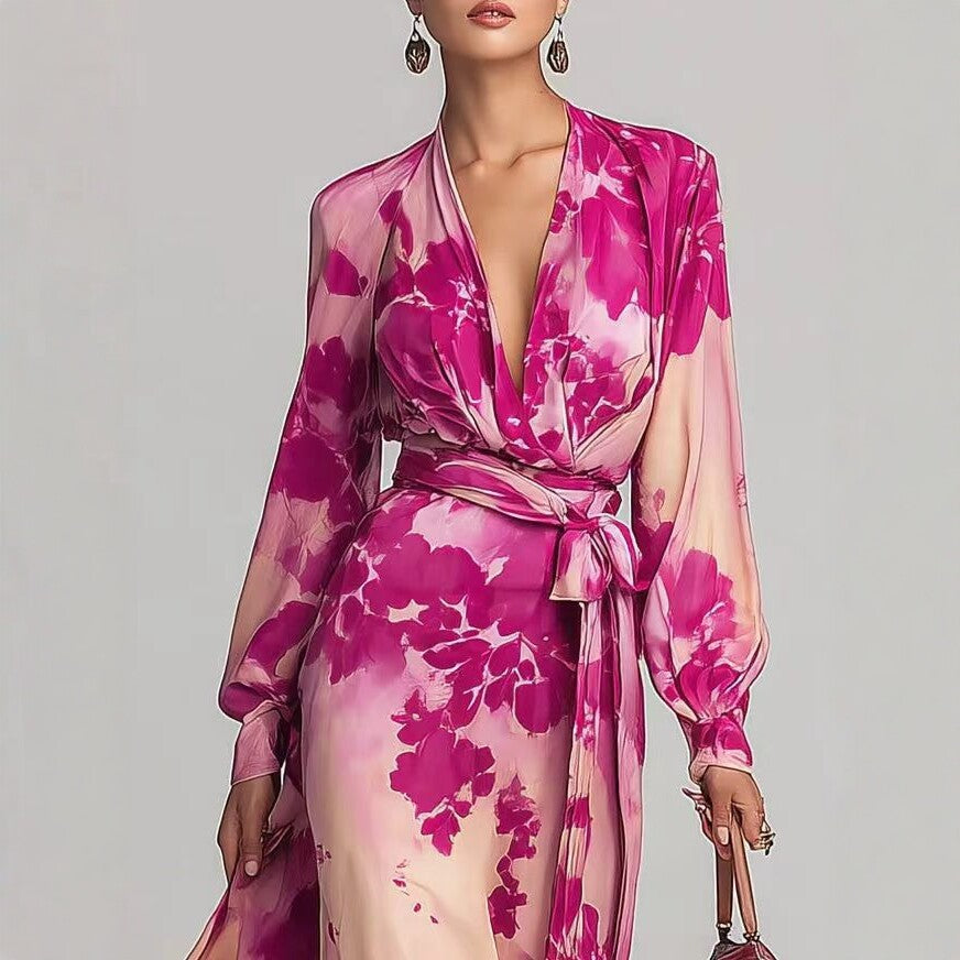 Bedrucktes Chiffonkleid mit langen Ärmeln, V-Ausschnitt und Bindedetail – elegantes, schickes langes Kleid