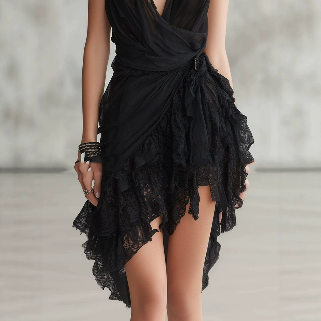schwarzes Sommerkleid aus Chiffon und Spitze mit Trägern und tiefem V-Ausschnitt