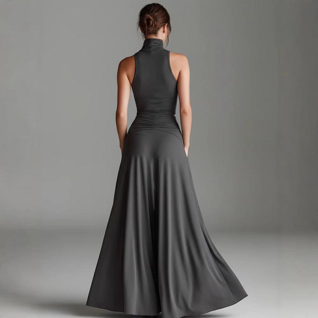ärmelloses, hochgeschlossenes Oberteil mit elegantem, langem Kleid, zweiteiliges Set. Stilvolles zweiteiliges Setes Set aus ärmellosem Oberteil mit Stehkragen und elegantem langen Kleid