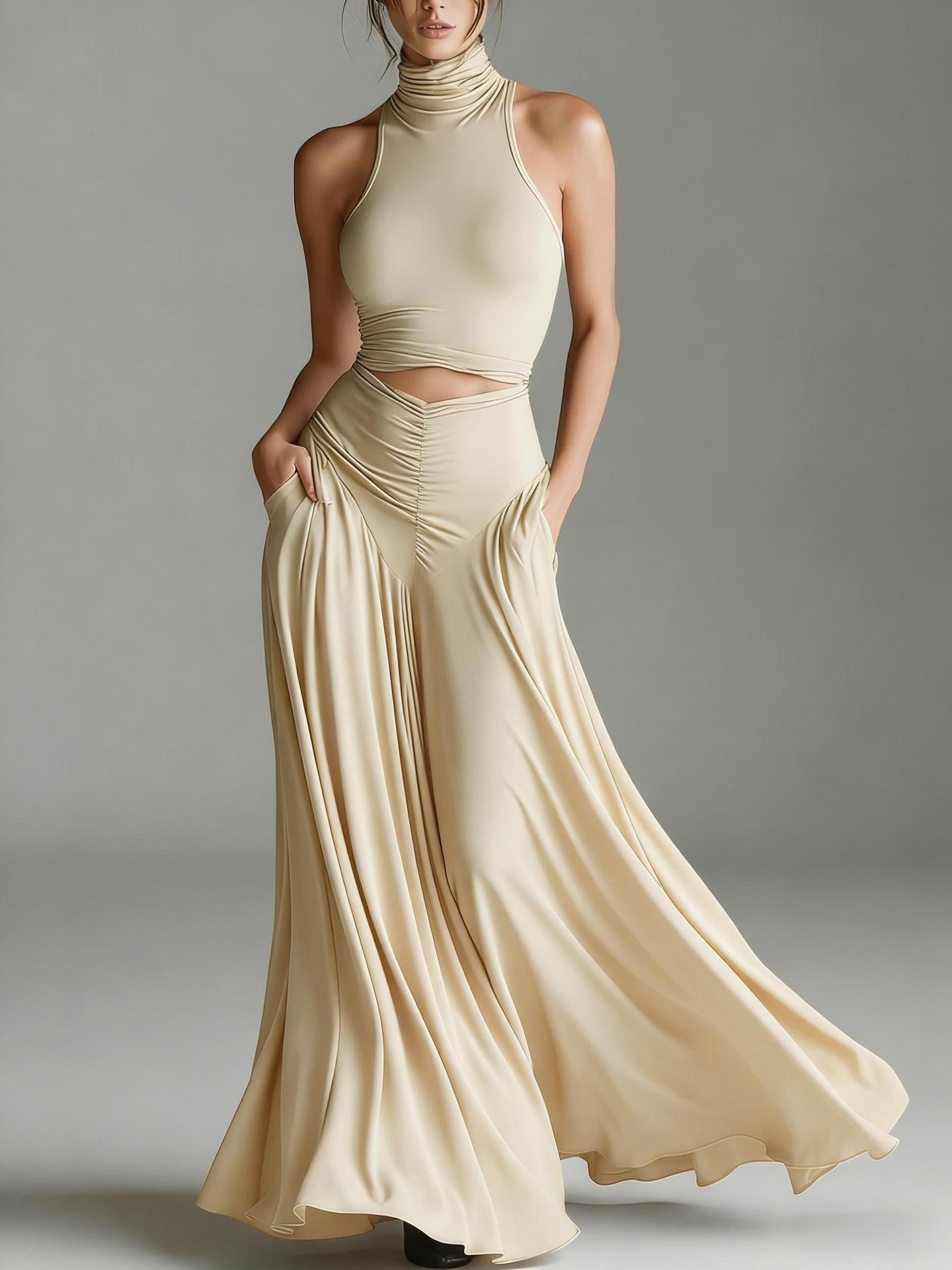 ärmelloses, hochgeschlossenes Oberteil mit elegantem, langem Kleid, zweiteiliges Set. Stilvolles zweiteiliges Setes Set aus ärmellosem Oberteil mit Stehkragen und elegantem langen Kleid