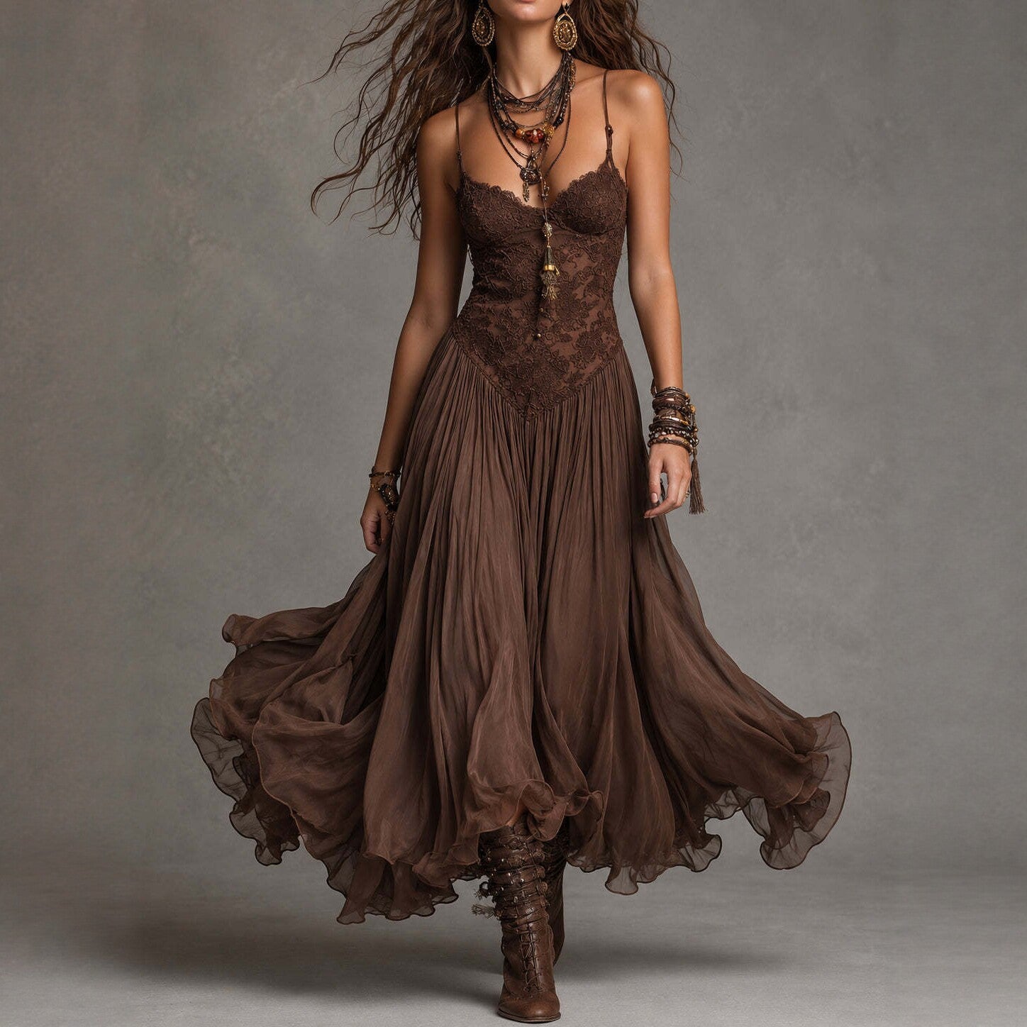 Vintage Chiffon Maxi-Kleid – Elegantes Florales Sommerkleid mit Trägern