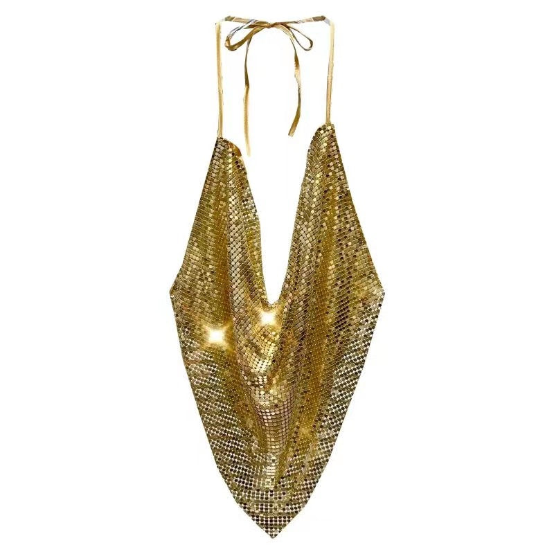 Fashion sexy hot girl metal sequins nightclub celebrity performance halter neck camisole