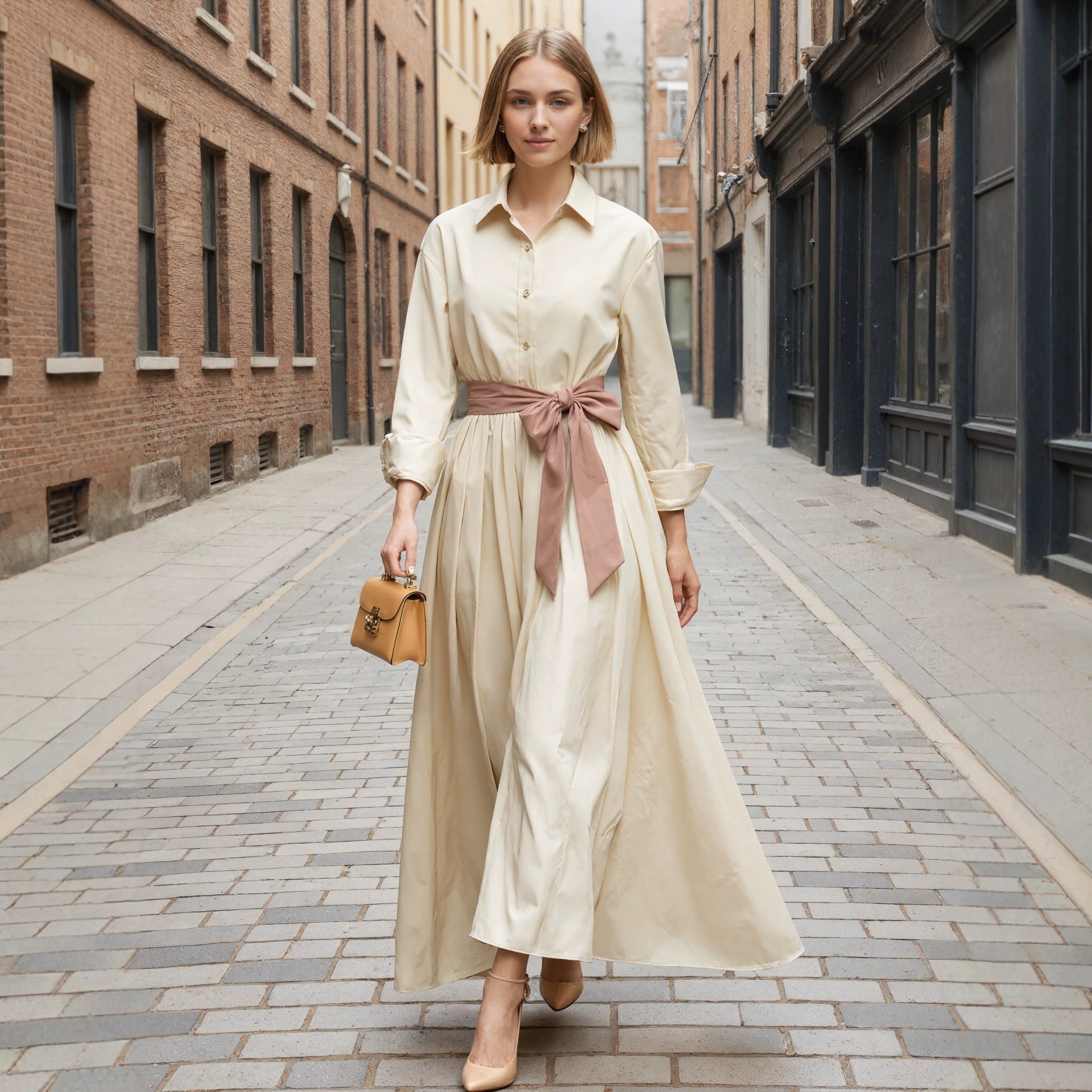 Langes Kleid mit langen Ärmeln, Polokragen und hoher Taille